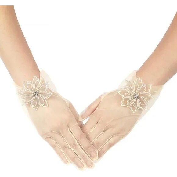 Women's Evening Champagne Mesh Lace Short Gloves Wedding Bridal Tea Party Prom - Picture 2 of 7